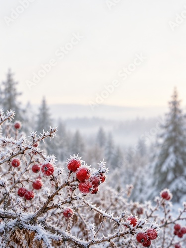 Red Woodland Berries and Frosted Twigs beneath a Soft Ivory Winter Sky