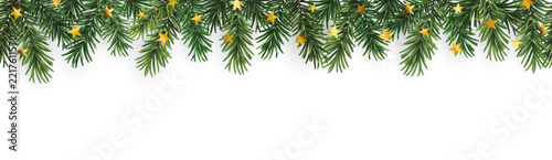 Vector seamless decorative christmas horizontal border with coniferous branches and gold stars