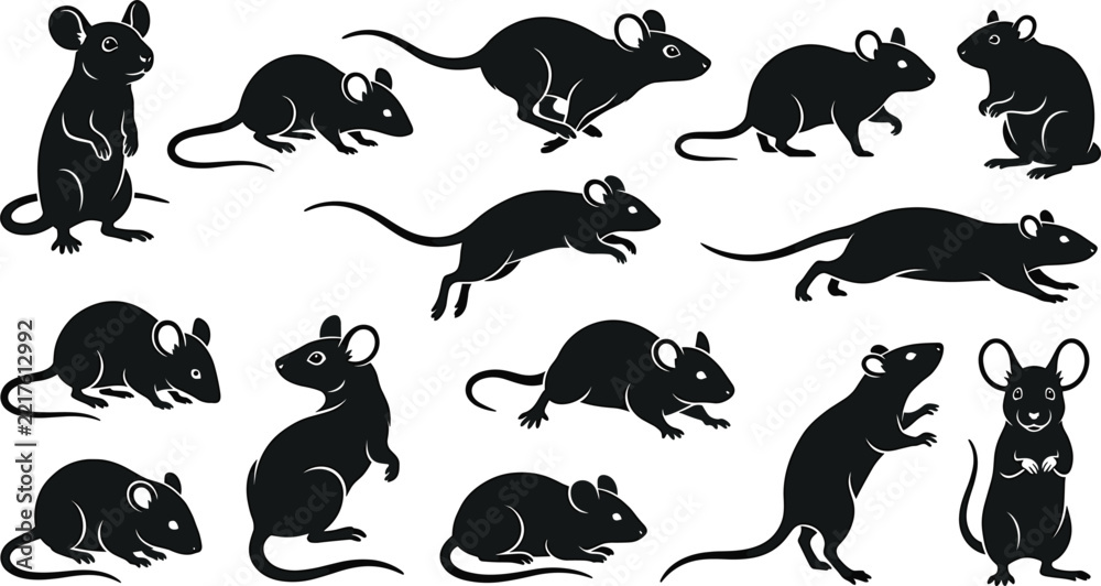 Fototapeta premium Black mouse silhouette icons bundle vector design elements featuring running standing rats rodents pests and laboratory animals shapes