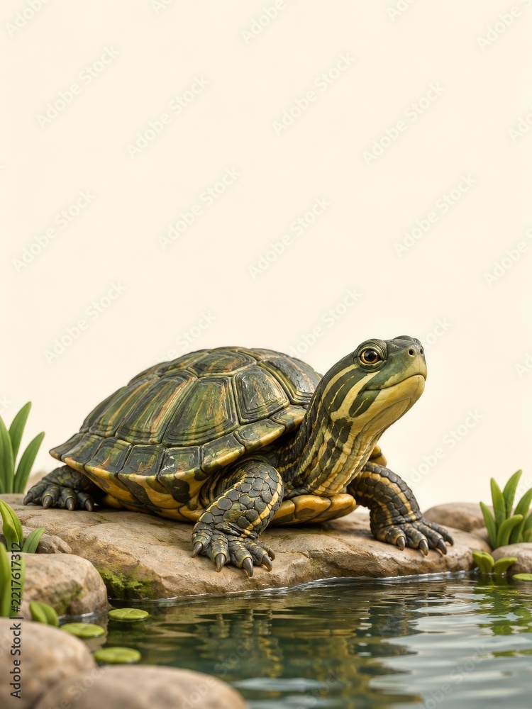 Fototapeta premium Dark green clay pond turtle beside shallow water beneath cream portrait space