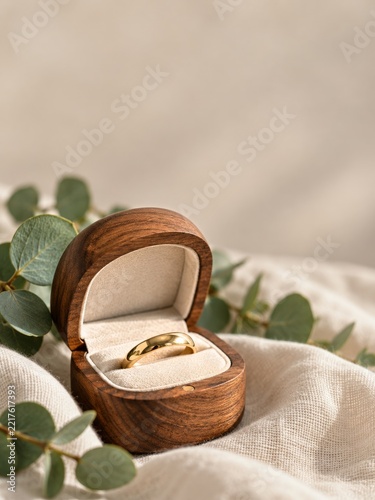 Gold wedding band inside an open curved wooden ring box with copy space