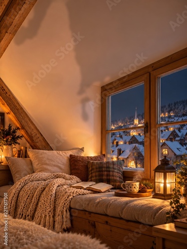 Cozy Attic Window Seat with Cushions and Lantern Light on a Winter Evening