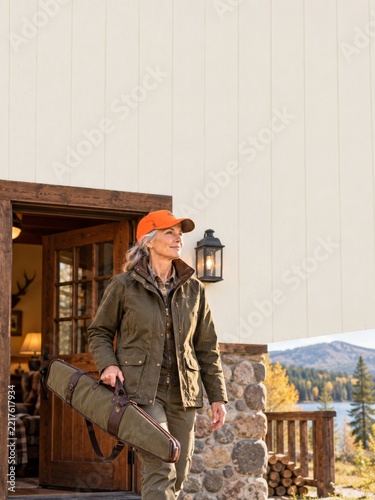 Older Woman Holding a Canvas Rifle Case Outside a Sunlit Woodland Cabin