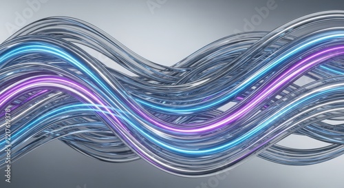 Abstract wavy glass tubes with glowing blue and purple neon light trails, 3D rendered metallic fiber optic cables