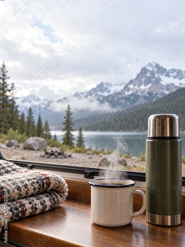 Steaming enamel mug beside a plain thermos on a camper window ledge