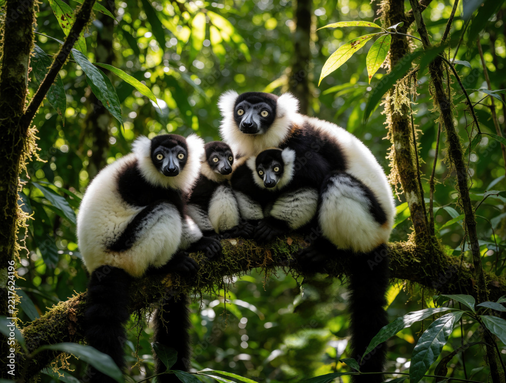 Fototapeta premium Group of black, white ruffed lemurs sit on mossy tree branch in Madagascar rainforest. Four primates rest together in tropical jungle. Wild animals look at camera in dense green forest habitat during