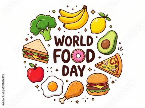 World Food Day Circular Illustration with Various Fresh and Fast Foods