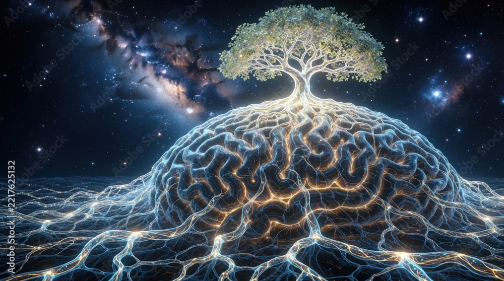 Fototapeta premium Glowing tree grows on brain shaped hill in deep space. Neural network roots spread across blue landscape like nervous system. Cosmic forest with golden light represents human intelligence, mental
