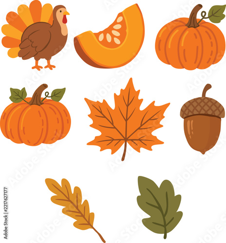 Collection of Thanksgiving and autumn harvest elements featuring turkey pumpkins and seasonal fall foliage illustration