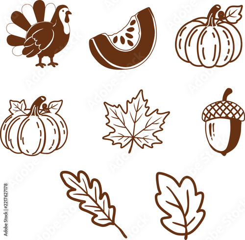 Thanksgiving and Autumn Harvest Icons Featuring Festive Turkey Pumpkins Leaves and Acorns for Seasonal Decorations
