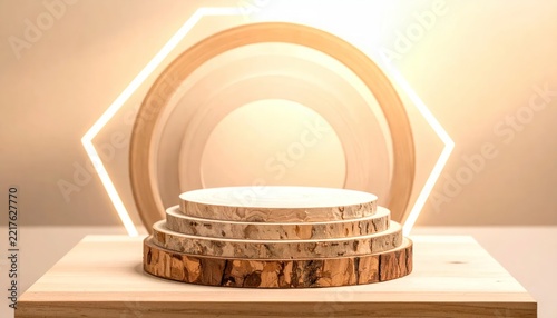 Elegant wooden podium with geometric backdrop for product presentation.