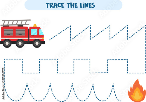 Trace the Lines Fire truck and fire – Preschool Pre-Writing and Fine Motor Skills Activity