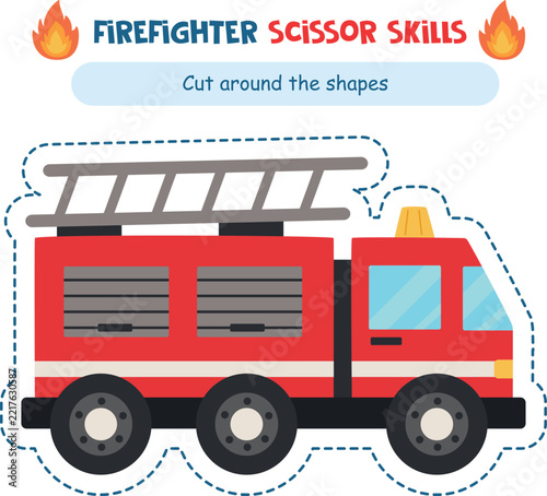 Firefighter Scissor Skills Worksheet – Cut Fire truck – Cutting Practice for Kids