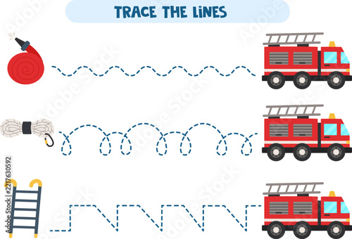 Trace the Lines Fire truck and firefighter tools – Preschool Pre-Writing and Fine Motor Skills Activity