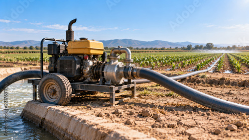 Diesel pump irrigation in crop field reduces high water costs for farm watering