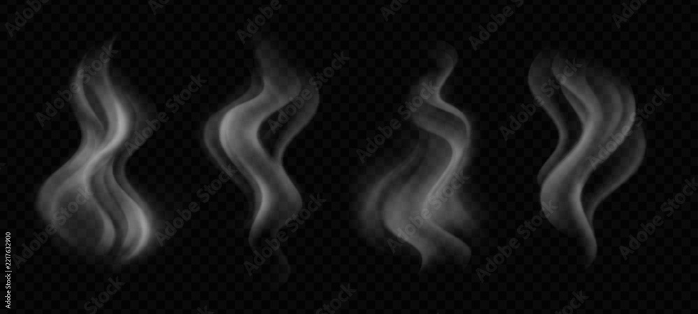 Naklejka premium Realistic vapor steam from hot coffee cup with water heat fume on transparent black background. White mist wave effect for tea, cooking or drink elements. Isolated smoke overlay for food design.