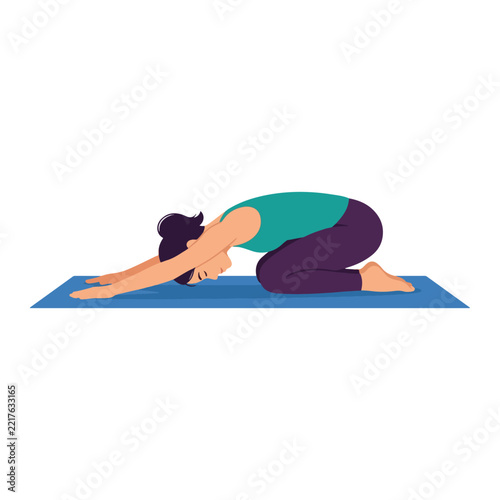Woman practicing yoga child pose balasana stretching on mat for wellness