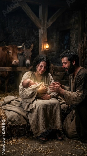 Sacred birth moment: Christmas Nativity, divine baby, holy family, tearful mother, devoted father, humble stable, glowing infant, rustic manger, night scene, miracle arrival.