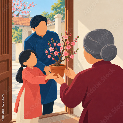 Three people pass a pot of pink flowers at a doorway