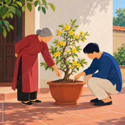 Two people examine soil beneath a yellow-flowering tree