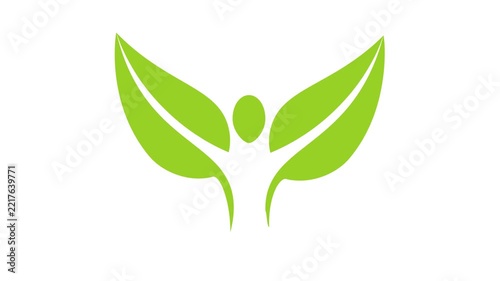 Animated human figure with green leaf wings logo