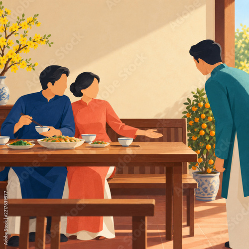 Seated diner gestures toward an empty place at the table