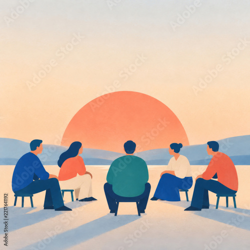 Five people sit together facing a large coral sun