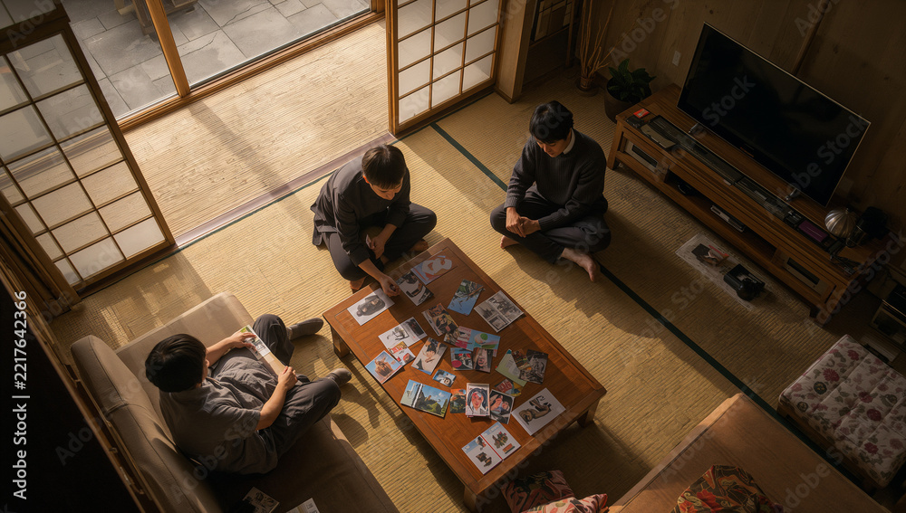 Obraz premium 和室の座卓に写真やカードを広げて見る三人