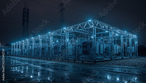 雨上がりの夜に青く照らされた変電設備