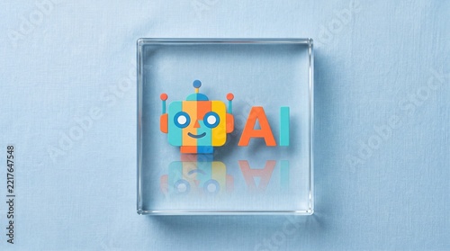 Toy robot head and AI text inside glass block