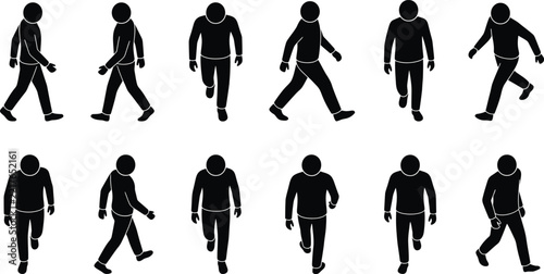 Walking figures vector set showing people silhouettes in various movement angles and isometric styles