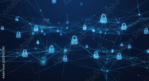 Secure network of glowing lock icons and connections