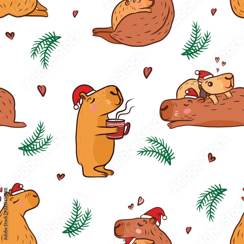 Seamless pattern with cute capybaras. Wallpaper with capybara family. Vector animal illustration. Cristmas and New Year backdrop image. 