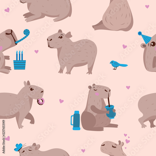 Seamless pattern with cute color capybara. Wallpaper with  capybara family. Vector animal illustration. 