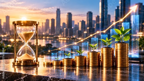 Financial Growth and Wealth Management Concept Featuring Increasing Stacks of Gold Coins with Green Plants and an Hourglass Against a Modern City Skyline at Sunset for Long-term Investment Success