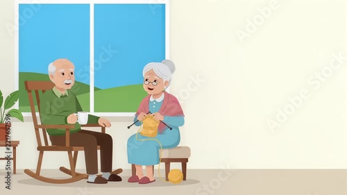Elderly Couple Relaxing at Home Drinking Coffee and Knitting Vector Illustration