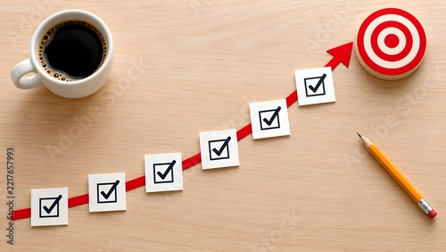 Business progress concept with ascending checklist leading to a red target, symbolizing step by step goal achievement and strategy success