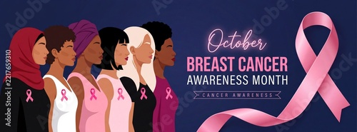 Diverse women of various ethnicities standing together with pink ribbons for october breast cancer awareness month vector banner