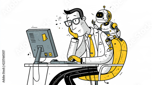 Businessman and robot working on computer, flat design cartoon style