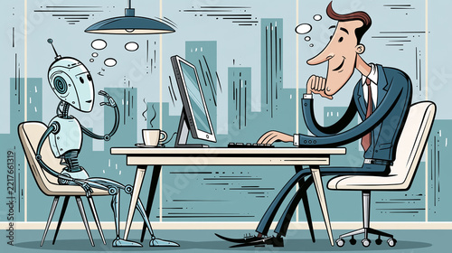 Businessman and robot working on computer, flat design cartoon style