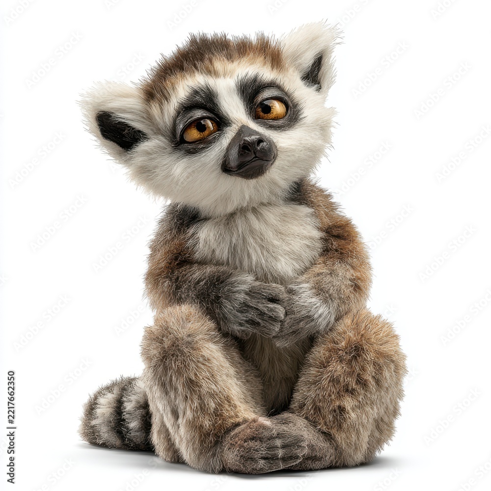 Fototapeta premium Cute Baby Ring Tailed Lemur Sitting Upright With Large Brown Eyes On A White Studio Background