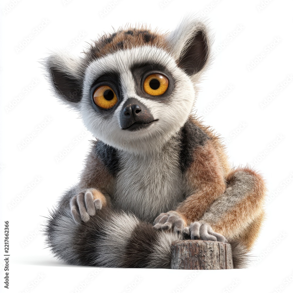 Fototapeta premium Cute Baby Ring Tailed Lemur With Big Golden Eyes Sitting Isolated On A Pure White Background