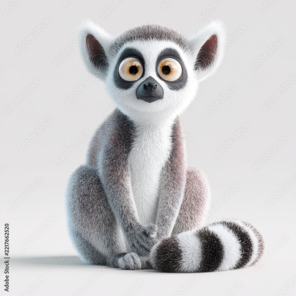 Fototapeta premium Cute Ring Tailed Lemur Character With Big Expressive Eyes Sitting On Plain White Studio Background