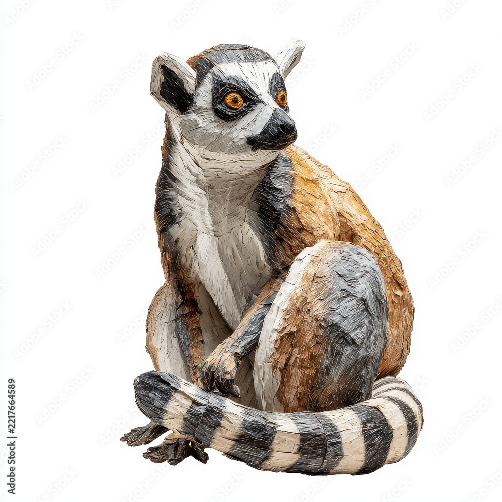 Fototapeta premium Small Ring Tailed Lemur Figurine Isolated On White Background With Detailed Texture And Bright Eyes