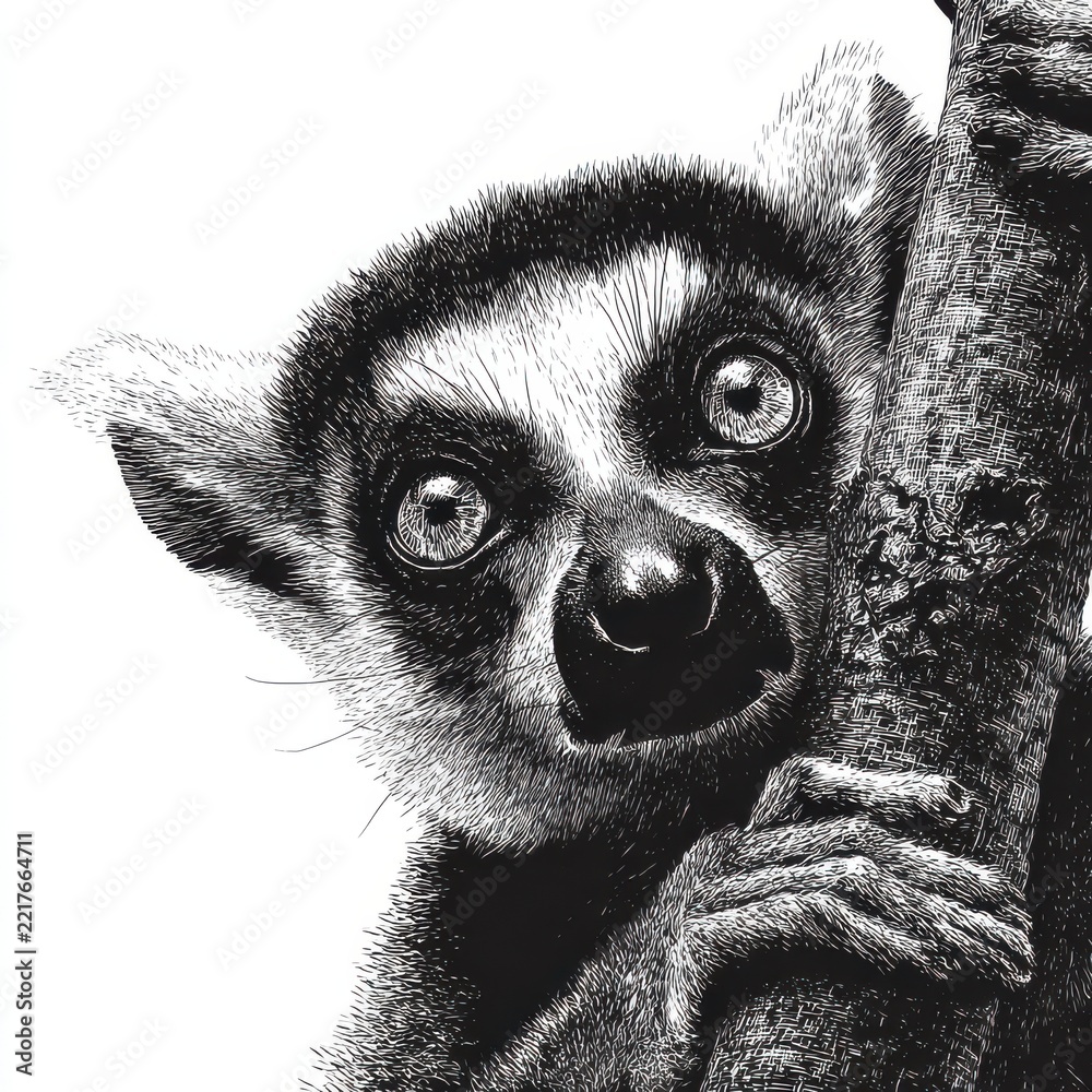 Fototapeta premium Stippled Illustration Of A Lemur Portrait With Wide Eyes Against A Stark White Background
