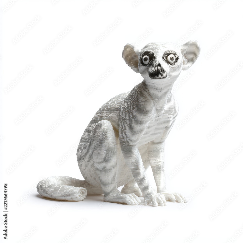 Fototapeta premium Three Dimensional Printed White Lemur Figurine Isolated On A Pure White Studio Background