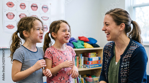 Twin girls practicing lip trills during speech therapy session with therapist