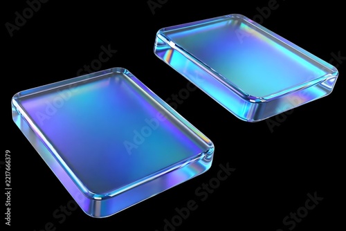 Two glowing blue glass blocks on black