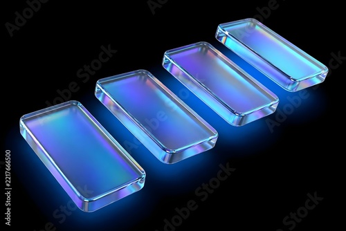 Four glowing glass rectangular blocks in a row
