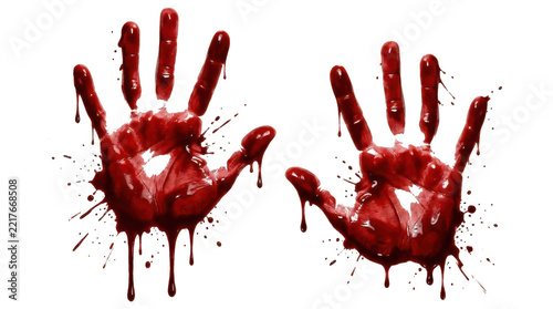 Two scary bloody handprints with red paint splatters isolated on a white background